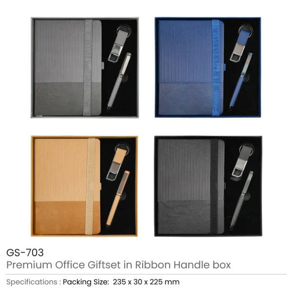 BYFT Premium Office Giftset with Ribbon Handle Box Elegant 3-in-1 Gift Set with Notebook, Metal Pen & Keychain - Beige Set of 01