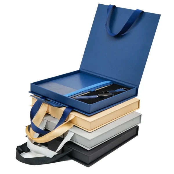 BYFT Premium Office Giftset with Ribbon Handle Box Elegant 3-in-1 Gift Set with Notebook, Metal Pen & Keychain - Beige Set of 01