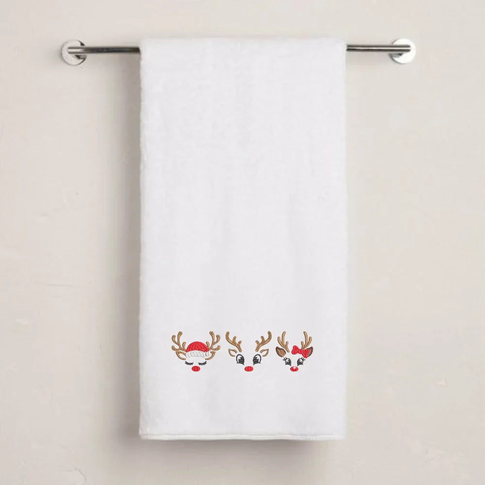 BYFT Embroidered For You Personalised Cotton Towel - Christmas - Reindeer Face Trio Design High Quality Embroidery Perfect For Gifting