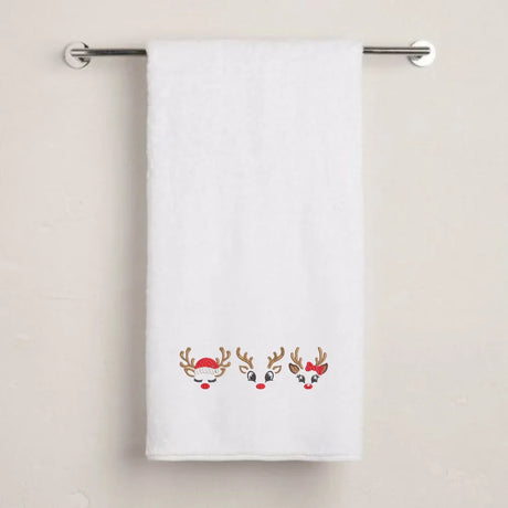 BYFT Embroidered For You Personalised Cotton Towel - Christmas - Reindeer Face Trio Design High Quality Embroidery Perfect For Gifting
