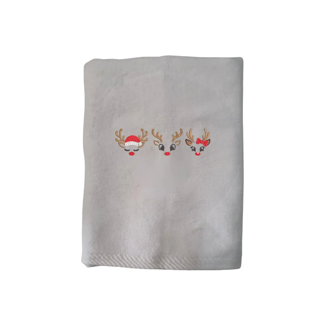 BYFT Embroidered For You Personalised Cotton Towel - Christmas - Reindeer Face Trio Design High Quality Embroidery Perfect For Gifting