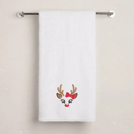 BYFT Embroidered For You Personalised Cotton Towel - Christmas - Reindeer Face with Bow Design High Quality Embroidery Perfect For Gifting