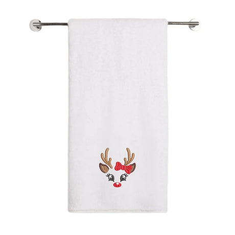 BYFT Embroidered For You Personalised Cotton Towel - Christmas - Reindeer Face with Bow Design High Quality Embroidery Perfect For Gifting