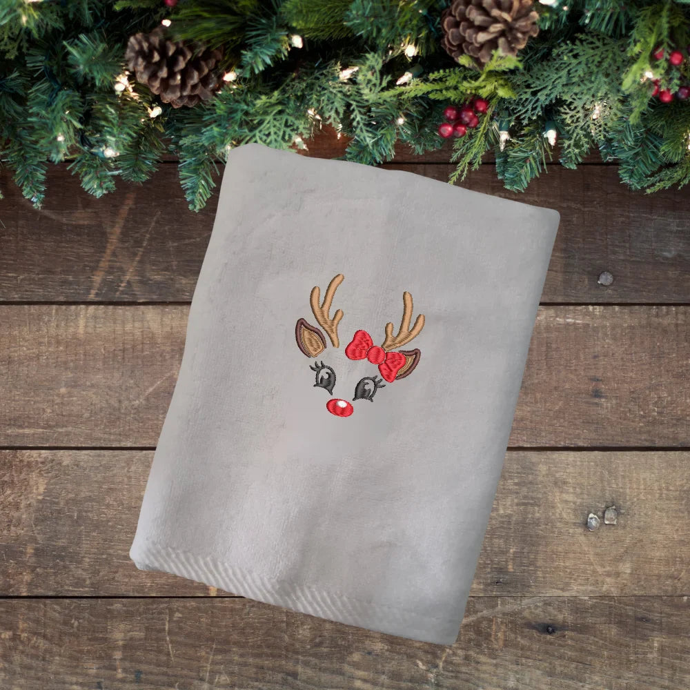 BYFT Embroidered For You Personalised Cotton Towel - Christmas - Reindeer Face with Bow Design High Quality Embroidery Perfect For Gifting