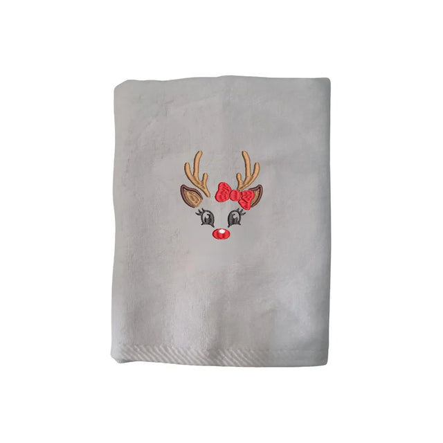 BYFT Embroidered For You Personalised Cotton Towel - Christmas - Reindeer Face with Bow Design High Quality Embroidery Perfect For Gifting