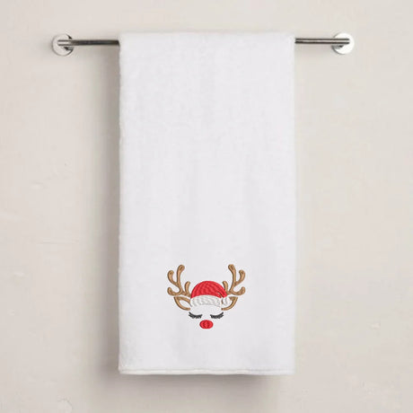 BYFT Embroidered For You Personalised Cotton Towel - Christmas - Sleeping Reindeer Face Design High Quality Embroidery Perfect For Gifting