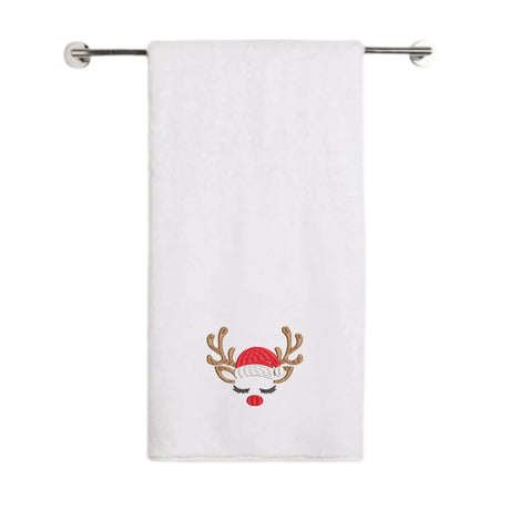 BYFT Embroidered For You Personalised Cotton Towel - Christmas - Sleeping Reindeer Face Design High Quality Embroidery Perfect For Gifting