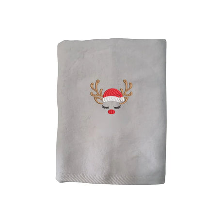 BYFT Embroidered For You Personalised Cotton Towel - Christmas - Sleeping Reindeer Face Design High Quality Embroidery Perfect For Gifting