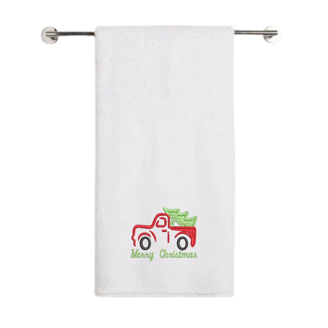 BYFT Embroidered For You Personalised Cotton Towel - Christmas - Vintage Christmas Truck with Tree Design High Quality Embroidery Perfect For Gifting