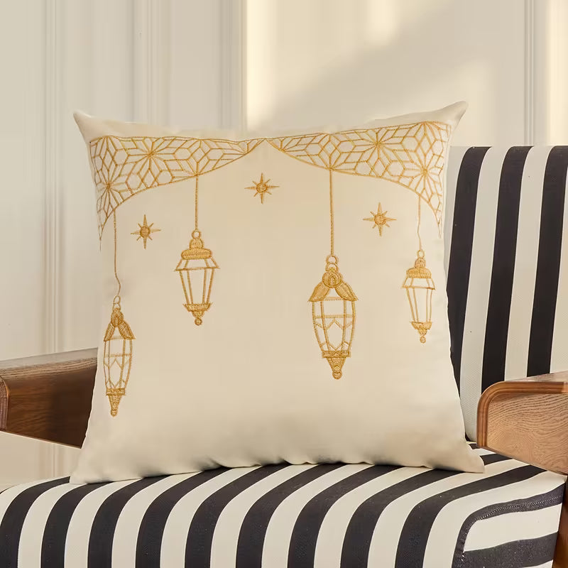 BYFT Ramadan Velvet Embroidered Pillowcase | Bohemian Style with Moon and Star Lantern Design, Polyester Fabric, Zipper Closure, Set of 01 Pcs