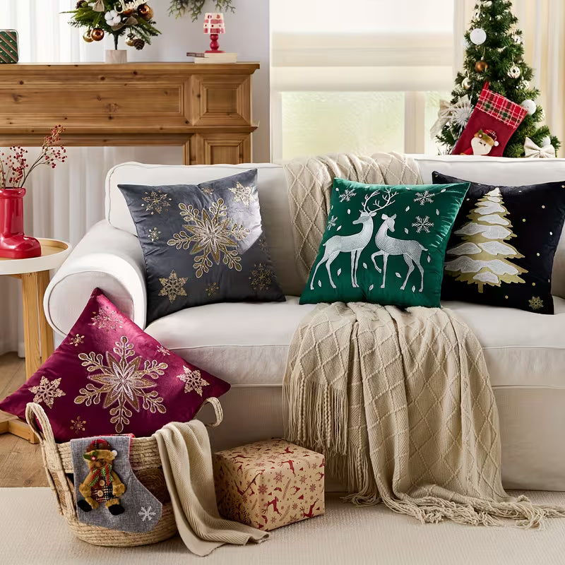 BYFT Christmas Soft Velvet Throw Pillow Covers, Set of 2pcs Deer Snowflake Embroidery Decorative Throw Pillow Case Luxurious Sofa Cushion Cover for Home Christmas Decoration 18"x18"(45x45cm)