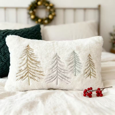 BYFT Festive Christmas Tree Pillow Cover - Luxury Golden and Silvery Embroidered Decorative Pillowcase for Couch, Living Room Indoor Xmas Decor, Christmas Decor, Holiday Decoration, Elegant Holiday Style, Traditional Design, Durable Fabric, Premium