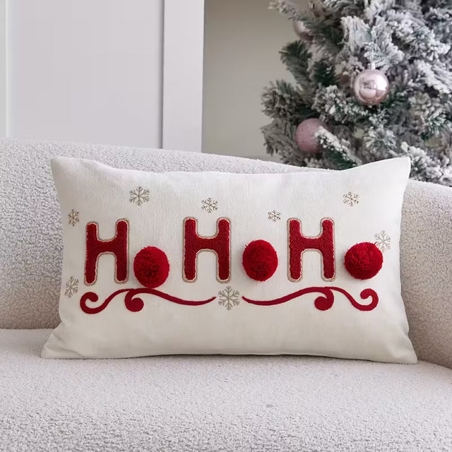 BYFT "HOHOHO" Christmas Pillowcase 50 x 30 cm, Decorative Pillow Cover with 3 Hand-Sewn Pom-Poms, Christmas Warm Home Sofa Decor Throw Pillow Cover, Ideal Holiday Gift, Insert Not Included