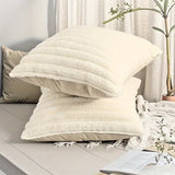 BYFT White Faux Rabbit Fur Bohemian Striped & Solid Square Cushion Covers 45.72 x 45.72 cm (white 2Pcs)