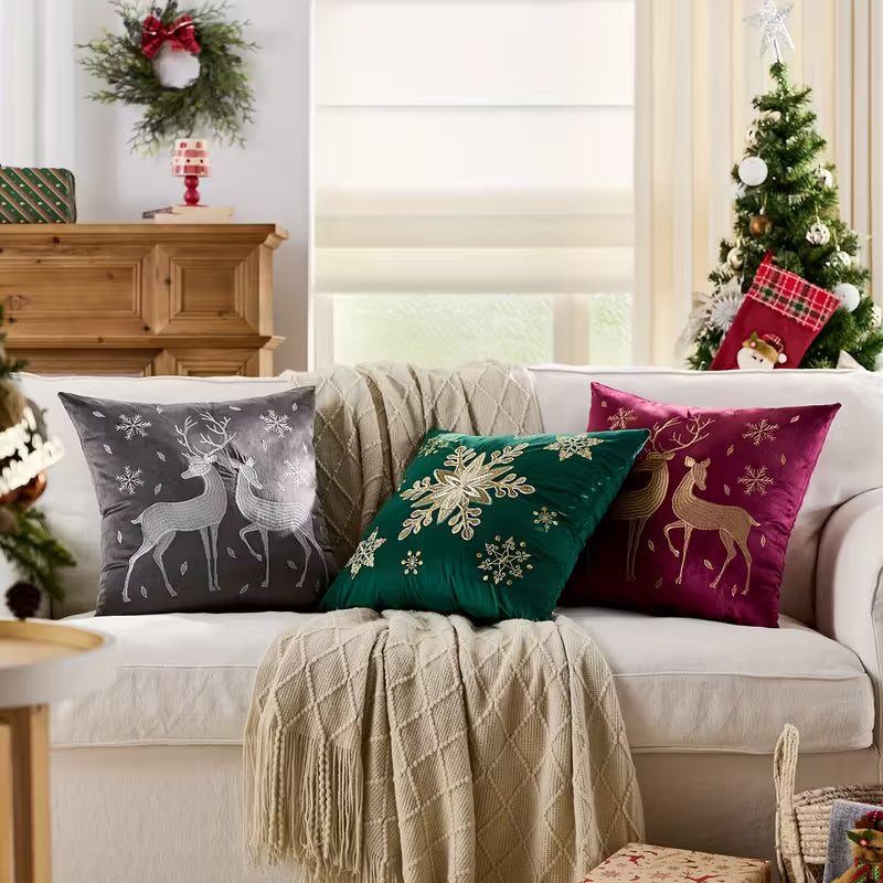 BYFT Christmas Soft Velvet Throw Pillow Covers, Set of 2pcs Deer Snowflake Embroidery Decorative Throw Pillow Case Luxurious Sofa Cushion Cover for Home Christmas Decoration 18"x18"(45x45cm)