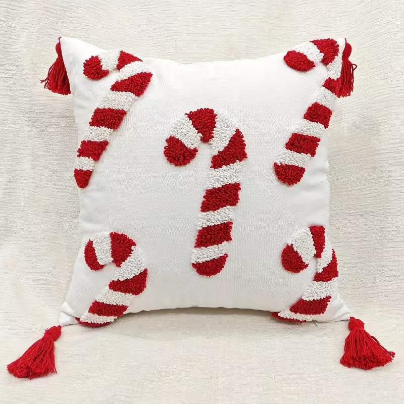 BYFT Handmade Cushion Cover, Christmas Candy Cane Design, Zipper Closure, Modern Style,, Canvas Decorative Cushion Cover, Suitable for Living Room, Bedroom, Study, Car - Filling Not Included, Sofa Cushion 45x45cm, Bedroom Accent