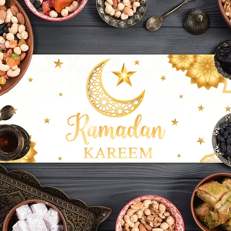BYFT Patimate Ramadan Kareem & Eid Mubarak Table Runner - White & Golden Islamic Crescent Moon and Star Decorations Set of 01 Pcs