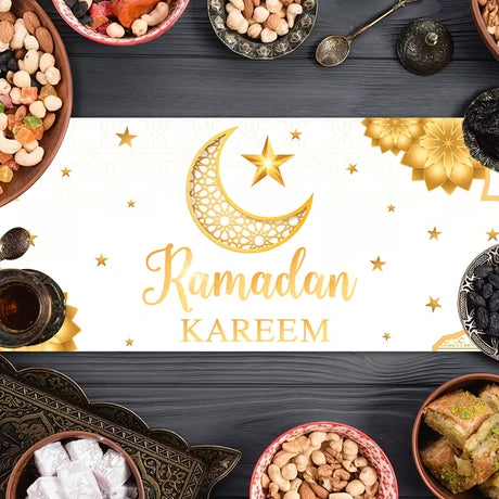 BYFT Patimate Ramadan Kareem & Eid Mubarak Table Runner - White & Golden Islamic Crescent Moon and Star Decorations Set of 01 Pcs