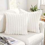 BYFT White Faux Rabbit Fur Bohemian Striped & Solid Square Cushion Covers 45.72 x 45.72 cm (white 2Pcs)
