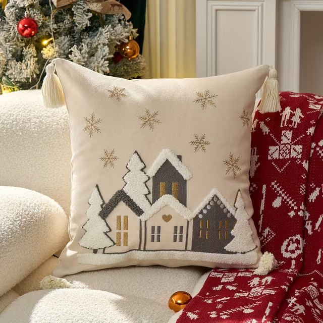 BYFT Merry Christmas Throw Pillow Cover set of 01- Snowhouse & Tree Design with Golden Stars, Red & White Holiday Decor for Sofa, Indoor Party Decoration, Christmas Pillow Covers