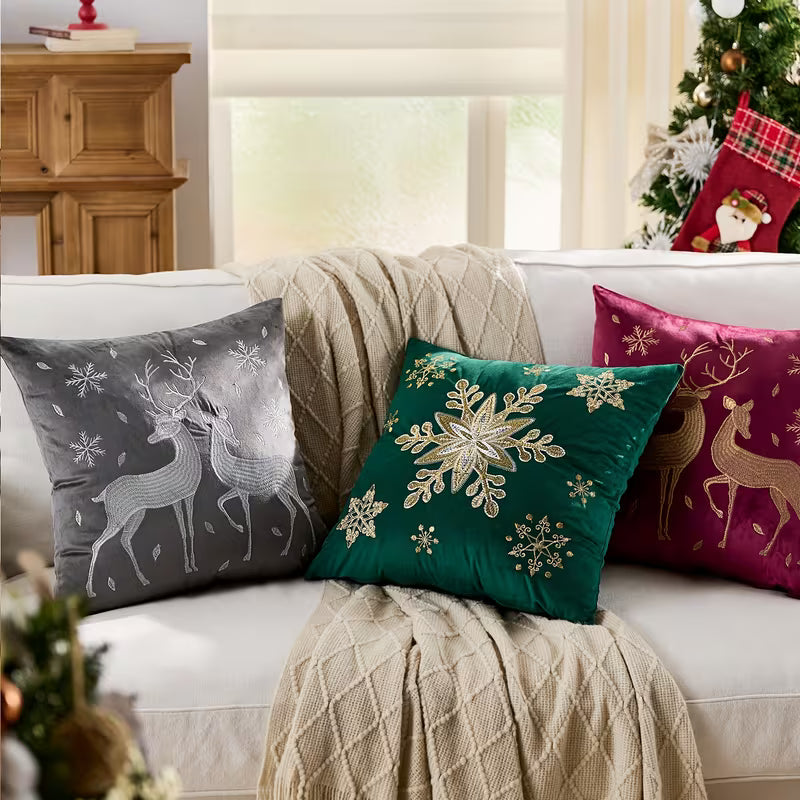 BYFT Christmas Soft Velvet Throw Pillow Covers, Set of 2pcs Deer Snowflake Embroidery Decorative Throw Pillow Case Luxurious Sofa Cushion Cover for Home Christmas Decoration 18"x18"(45x45cm)