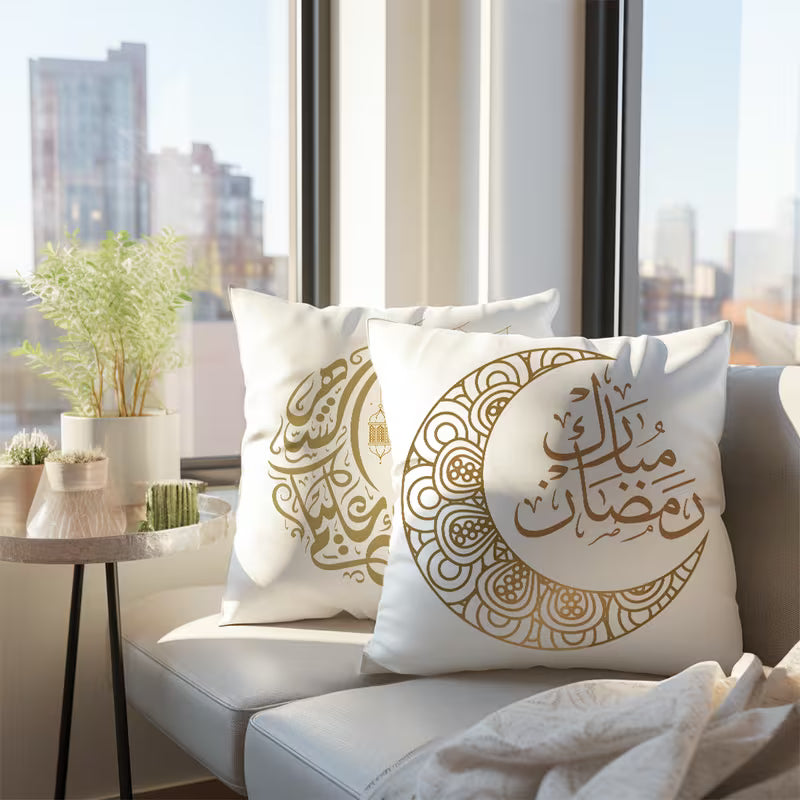 BYFT Ramadan White Golden Star Moon Lantern and Text Pattern Pillowcase, Single-Sided Printed Light Beige  45 x 45cm Set of 02 Pcs