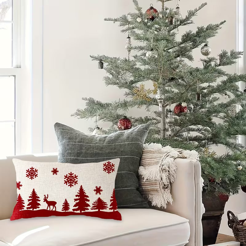 BYFT Festive Christmas Pillow Covers 2pcs - Red Snowflake, Reindeer & Snowman Design, Winter Farmhouse Home Decor, Zippered, Machine Washable, Polyester, Ideal for Holiday Living Room or Bedroom, Christmas Decorations