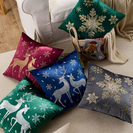 BYFT Christmas Soft Velvet Throw Pillow Covers, Set of 2pcs Deer Snowflake Embroidery Decorative Throw Pillow Case Luxurious Sofa Cushion Cover for Home Christmas Decoration 18"x18"(45x45cm)