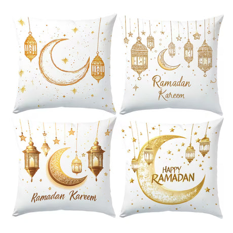 BYFT Golden Ramadan Lantern and Moon Pattern Pillow Covers 45 x 45 Cm, Polyester, Set of 04 Pcs