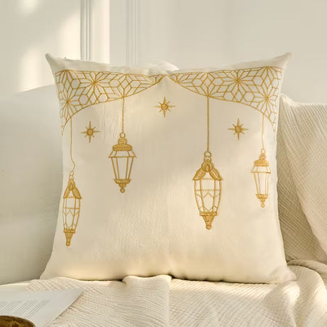BYFT Ramadan Velvet Embroidered Pillowcase | Bohemian Style with Moon and Star Lantern Design, Polyester Fabric, Zipper Closure, Set of 01 Pcs