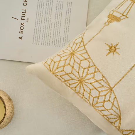 BYFT Ramadan Velvet Embroidered Pillowcase | Bohemian Style with Moon and Star Lantern Design, Polyester Fabric, Zipper Closure, Set of 01 Pcs