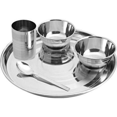 Omega 5-Piece Stainless Steel Thali Dinner Set | Big Plate, Glass, Prem Vati, Halwa Plate & Baby Spoon