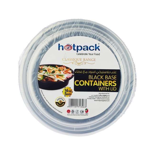 Hotpack Black Base Round Container 16 Oz With Lid 5 Pcs