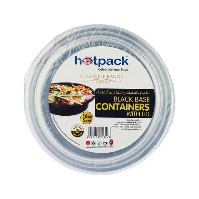 Hotpack Black Base Round Container 16 Oz With Lid 5 Pcs