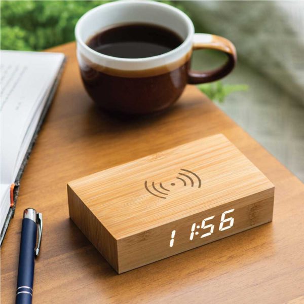 BYFT005676 Bamboo Wireless Charger with Clock Natural Set of 1 C