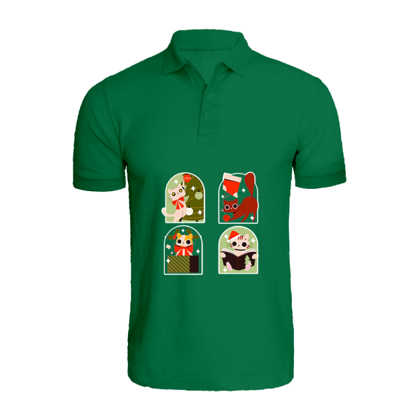 BYFT008874 BYFT Polo Neck T Shirt Green Printed Christmas Cats Set of 1