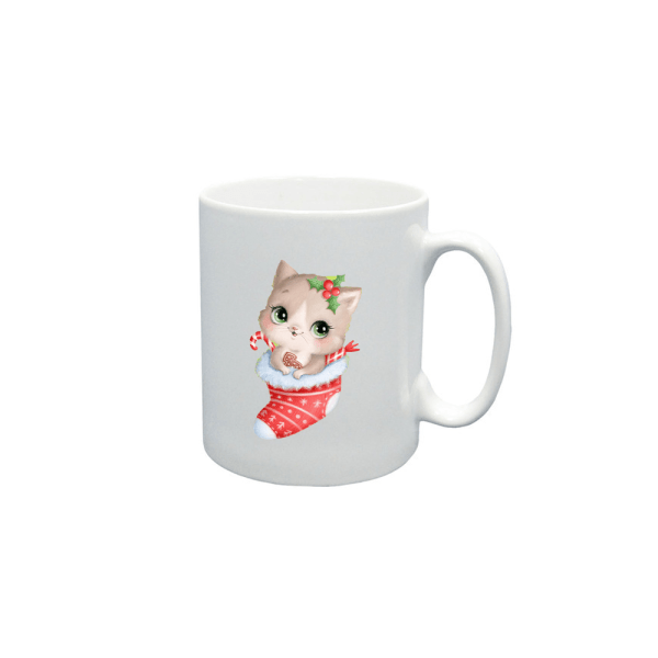 BYFT009069 BYFT Printed Mugs White Cat inside Christmas Stokings Ceramic Set of 1