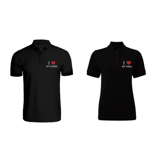 BYFT009171 BYFT Embroidered For You Cotton Couple Polo Neck Black T Shirts I Love My King Queen Design Set of 2