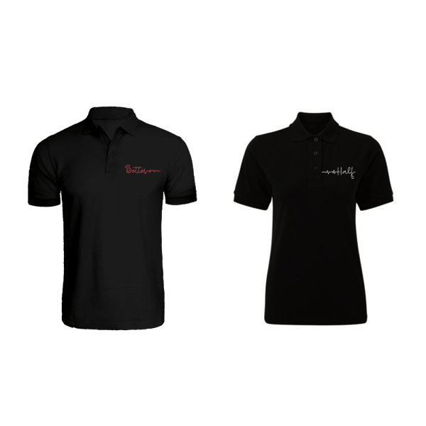 BYFT009172 BYFT Embroidered For You Cotton Couple Polo Neck Black T Shirts Better Half Design Set of 2