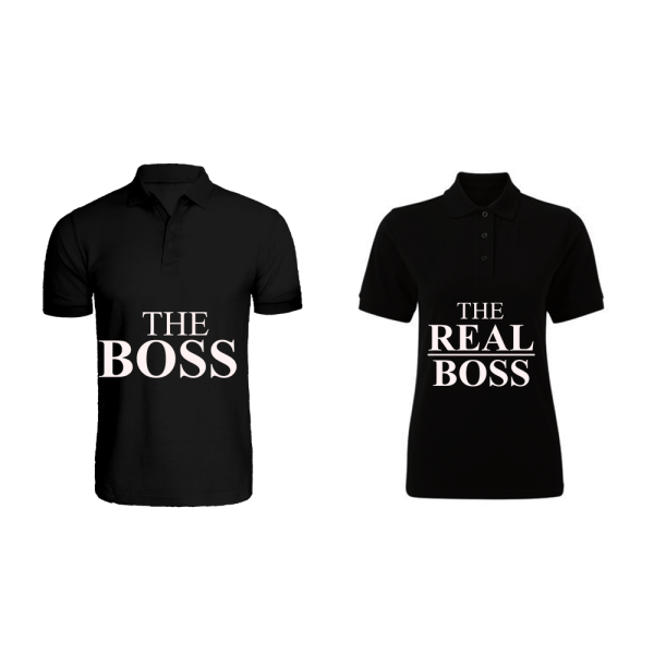 BYFT009263 BYFT Printed Cotton Couple Polo Neck Black T Shirts The Boss The Real Boss Design Set of 2