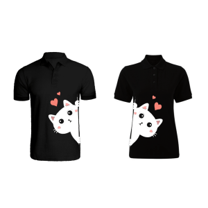 BYFT009264 BYFT Printed Cotton Couple Polo Neck Black T Shirts Kitty Design Set of 2