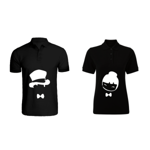 BYFT009266 BYFT Printed Cotton Couple Polo Neck Black T Shirts Chinese Couple Design Set of 2