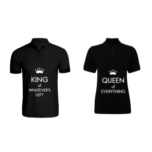 BYFT009274 BYFT Printed Cotton Couple Polo Neck Black T Shirts King of Whatever Left Queen of Everything Design Set of 2