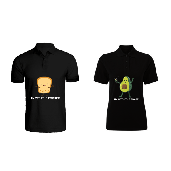 BYFT009275 BYFT Printed Cotton Couple Polo Neck Black T Shirts The Avacado to My Toast Design Set of 2