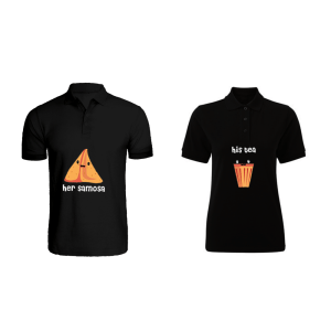 BYFT009276 BYFT Printed Cotton Couple Polo Neck Black T Shirts His Tea Her Samosa Design Set of 2