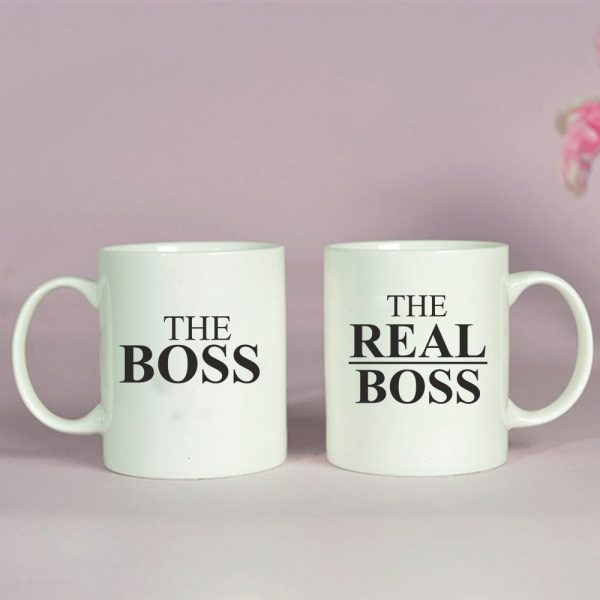 BYFT009324 BYFT Printed MUGS White The Boss The Real Boss Design 300 ml Ceramic Set of 2