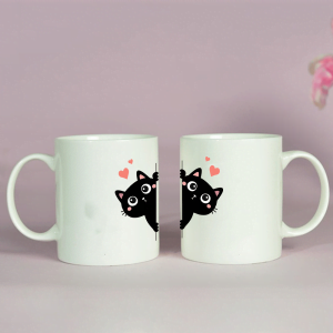 BYFT009325 BYFT Printed MUGS White Kitty Design 300 ml Ceramic Set of 2