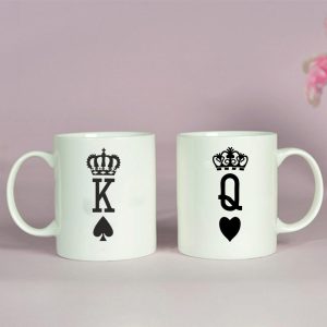 BYFT009328 BYFT Printed MUGS White Crown King Queen Design 300 ml Ceramic Set of 2