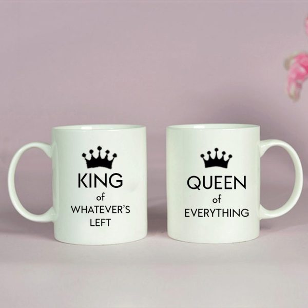 BYFT009331 BYFT Printed MUGS White King of Whatever Left Queen of Everything Design 300 ml Ceramic Set of 2