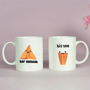 BYFT009333 BYFT Printed MUGS White His Tea Her Samosa Design 300 ml Ceramic Set of 2